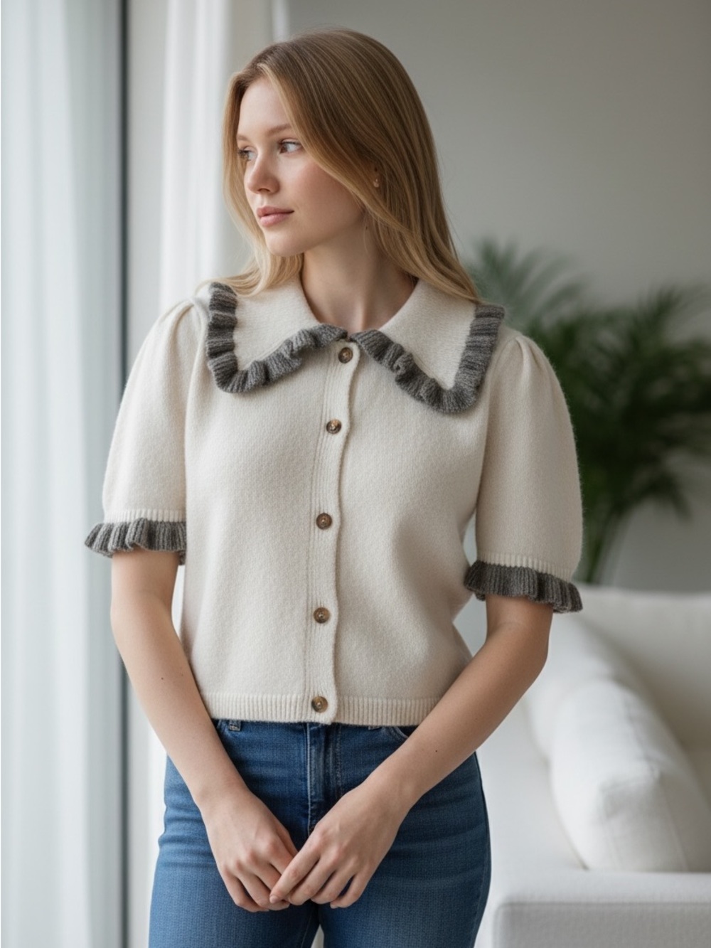 Self Contrast Anthropologie Ainsley Ruffle Cardigan